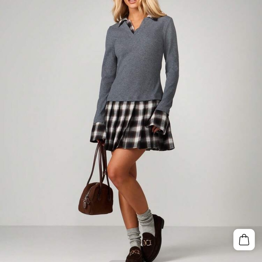 Layered Grey and Plaid Mini Dress - New